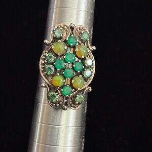 Vintage Designer Signed NB 925 India Sterling Silver Emerald & Opal Cluster Ring